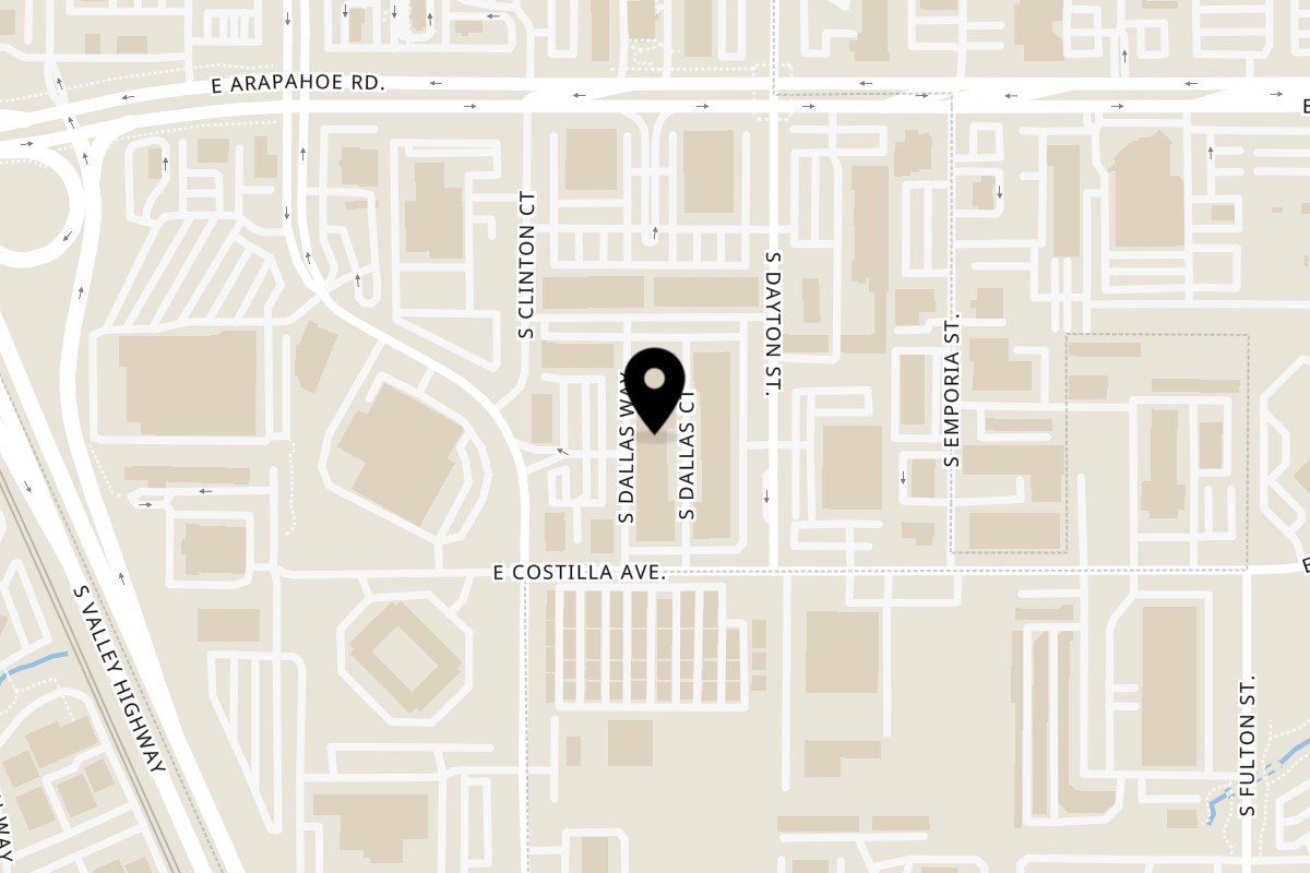 Map showing the location of Fourleaf Chopped Salads on 6840 S Dallas Way in Greenwood Village